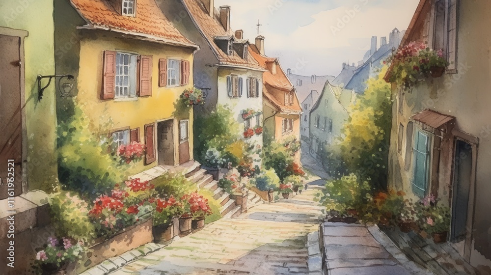 Fototapeta premium Charming street with colorful houses and vibrant flowers in a picturesque village setting.