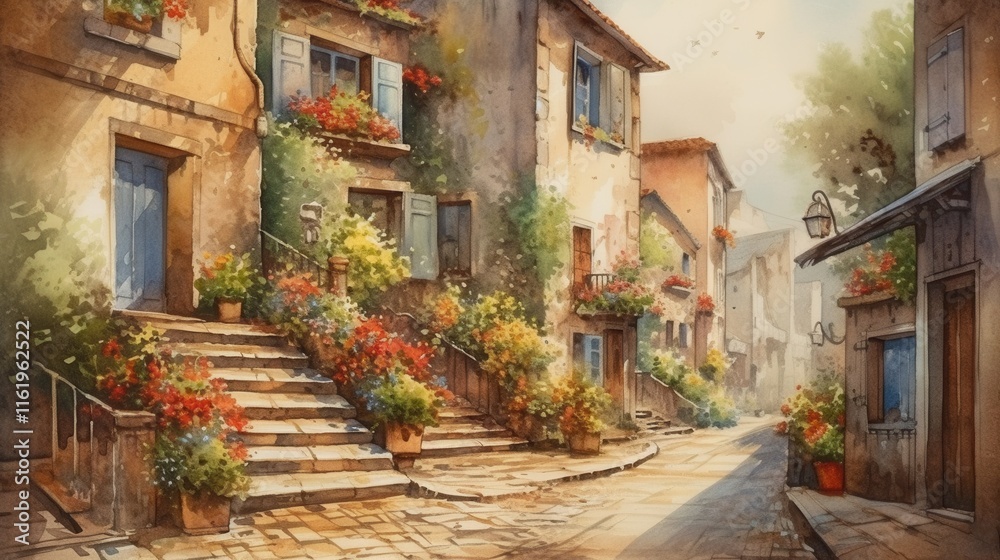 Charming street scene with colorful flower pots in a quaint village setting. Charming street scene with colorful flower pots in a quaint village setting.