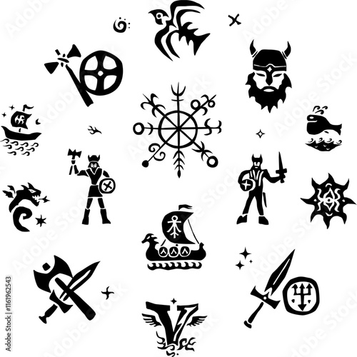 Viking warrior history character vector icon set , isolated graphic silhouettes collection