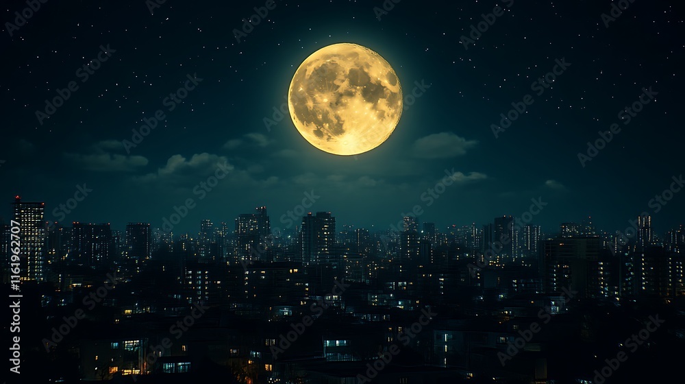 Fototapeta premium Large Yellow Moon Over Night City Skyline