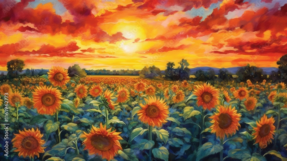Obraz premium Vibrant sunset over a field of sunflowers, casting warm hues of orange and yellow across the sky.