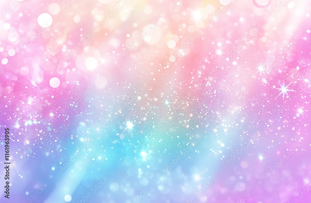 Pastel rainbow bokeh background with sparkles and glitter.