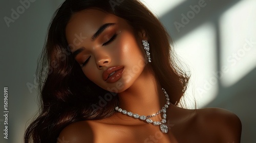A glamorous jewelry model displaying a set of diamond jewelry, posing under soft studio lighting for a campaign