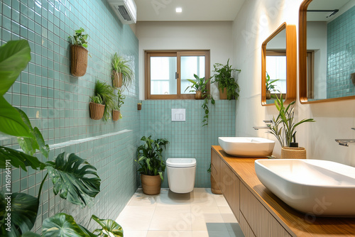 Green slate tiles on the walls bathroom a natural look. A deep soaking bathtub sits near a wooden sink bar supported by teal cabinets.