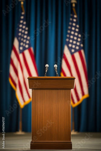 Wooden podium with American flags background. Presidents day concept. Copy space