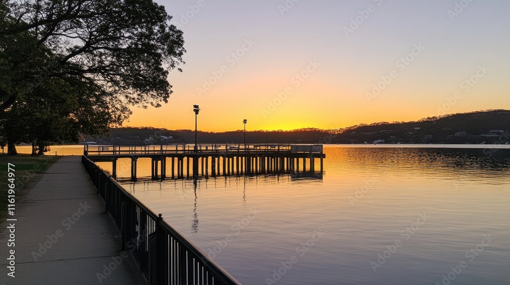Fototapeta premium Sunset over calm water with a pier and pathway