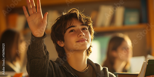 Teenage boy raises hand in classroom, showing eagerness to participate in lesson. photo