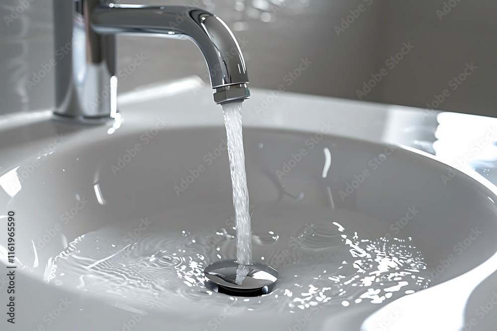 Water flows from the tap into the sink in the bathroom, closeup Water flows from the tap into the sink in the bathroom, closeup