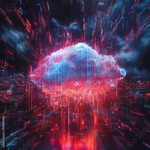 Digital representation of cloud security, neonlit cloud surrounded by binary codes and encrypted symbols, futuristic techinspired artwork, ultraHD clarity photo