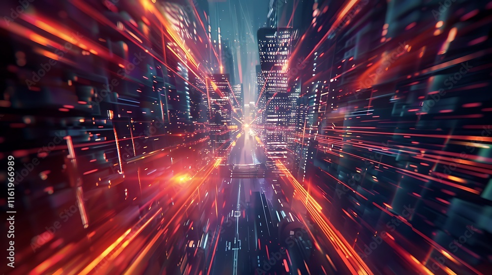 Digital rendering of a futuristic city at night, showcasing dynamic light streaks and movement. Digital rendering of a futuristic city at night, showcasing dynamic light streaks and movement.