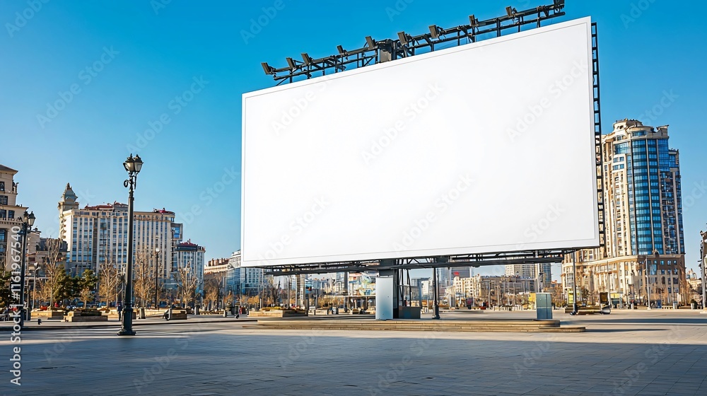 A large blank white billboard at a central plaza, framed by urban architecture and clear blue skies. A large blank white billboard at a central plaza, framed by urban architecture and clear blue skies.