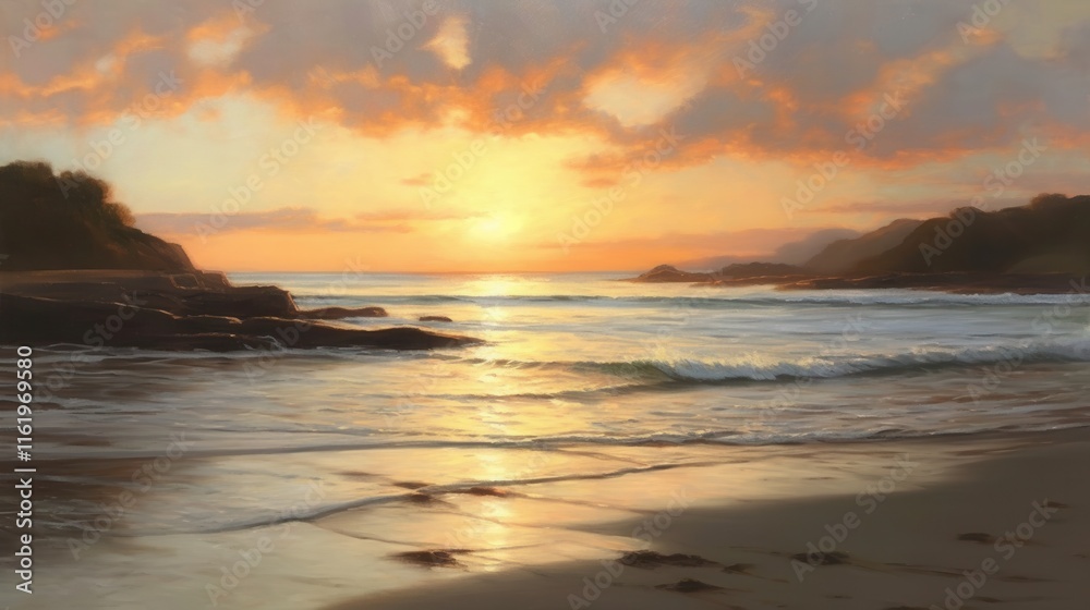 Beautiful sunset over a serene beach with gentle waves and soft clouds reflecting warm colors. Beautiful sunset over a serene beach with gentle waves and soft clouds reflecting warm colors.