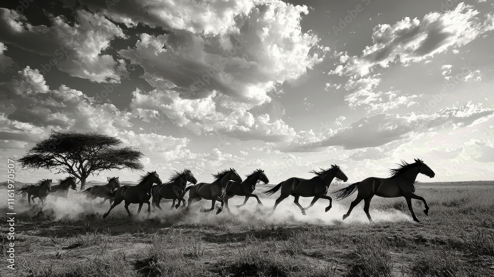 Obraz premium Wild Horses Galloping Across Plains