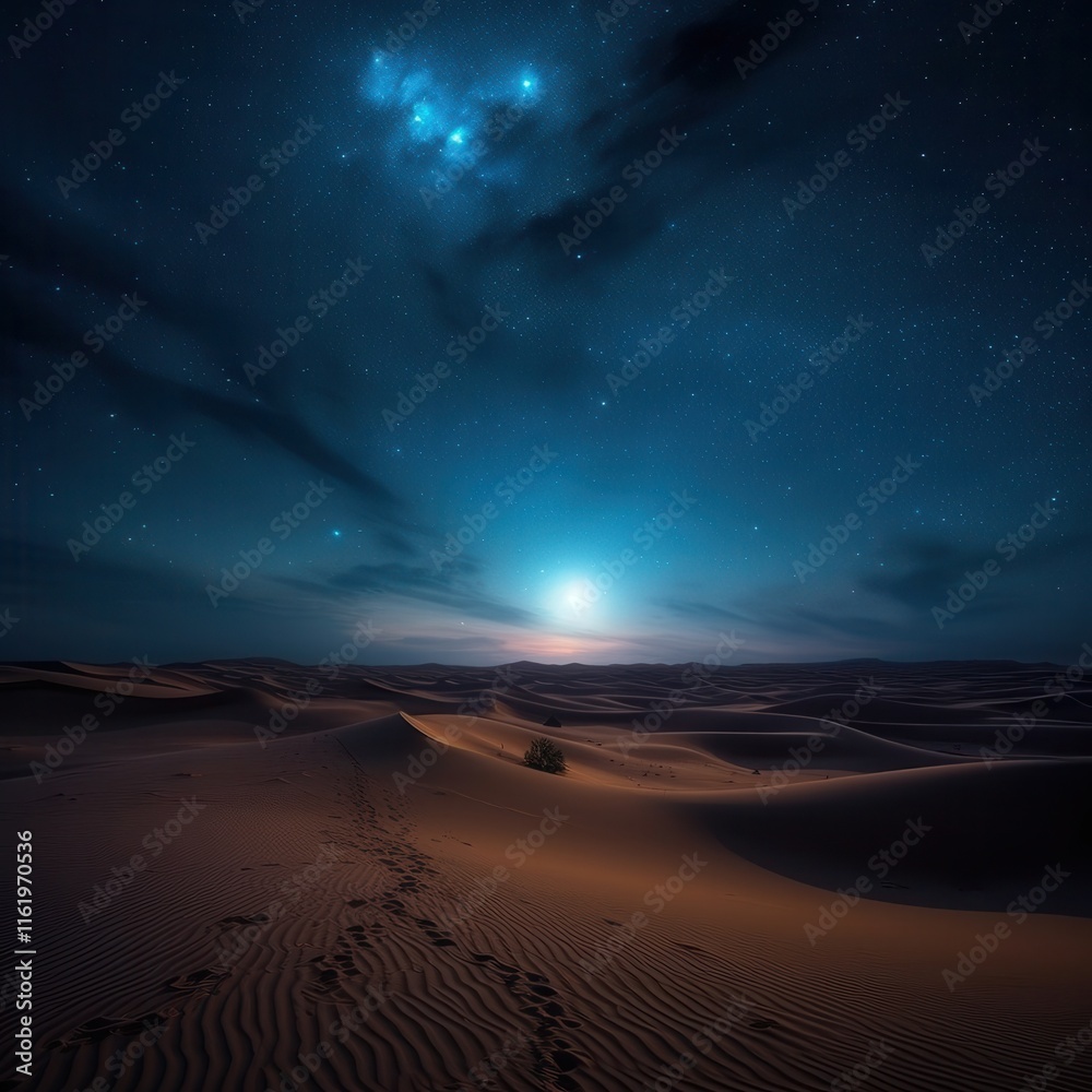 A serene night scene in a desert landscape, showcasing rippling sand dunes under a starry sky with a glowing moon. A serene night scene in a desert landscape, showcasing rippling sand dunes under a starry sky with a glowing moon.