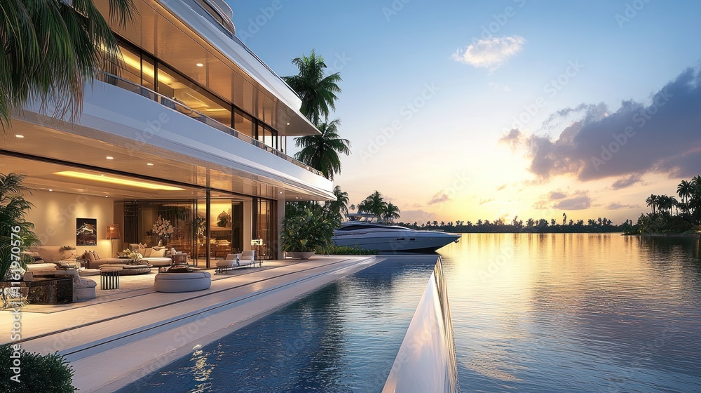 Obraz premium A luxurious waterfront villa at sunset with a pool and yacht.