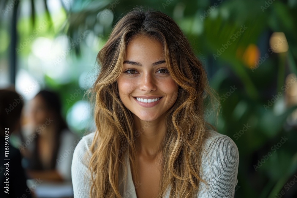 A woman with long brown hair is smiling and posing for a picture. Generative AI A woman with long brown hair is smiling and posing for a picture. Generative AI