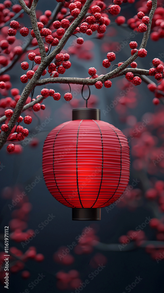Fototapeta premium Red Lantern Hanging from Winter Berry Branch