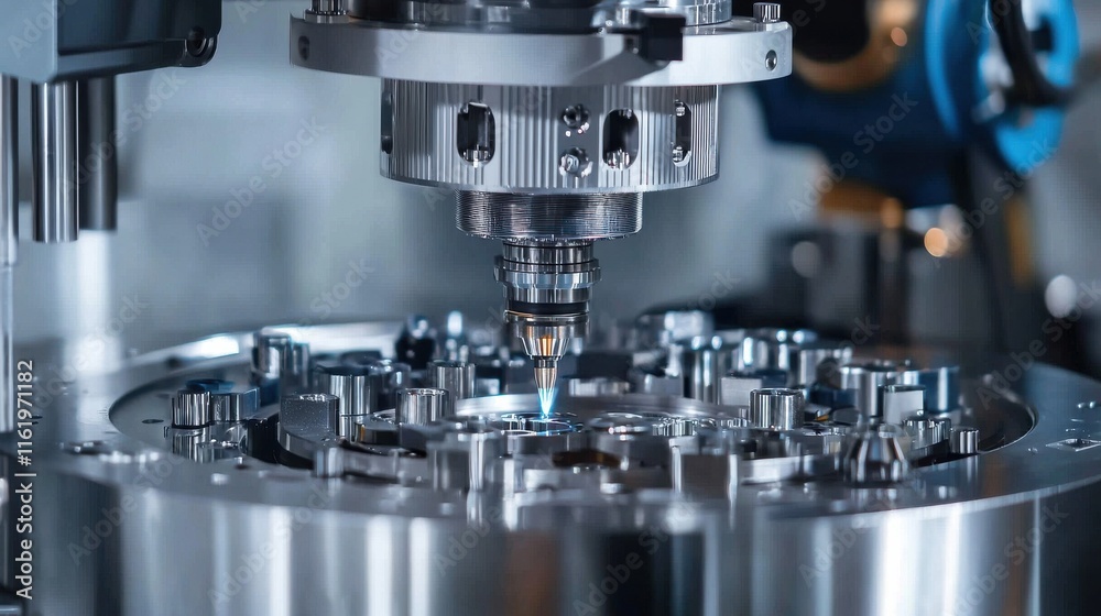 A precision machining tool operates on a complex metal component, showcasing advanced technology and intricate design in a manufacturing environment. A precision machining tool operates on a complex metal component, showcasing advanced technology and intricate design in a manufacturing environment.