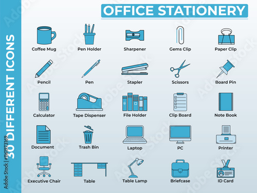 30 Blue themed Sticker Look Office Stationery Icons