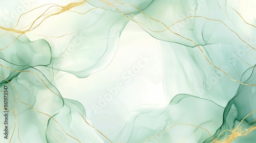 An abstract watercolor background showcasing soft pastel green hues with an elegant alcohol ink effect. Golden crackle accents weave through the design, enhancing the serene marble drawing style. 