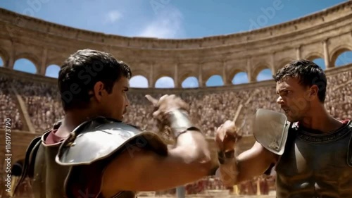 Two Gladiators Face Each Other in the Roman Colosseum Before a Large Crowd