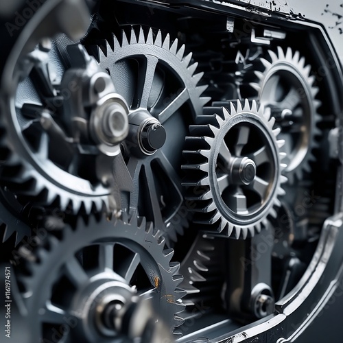 A set of metallic gears turning in harmony, symbolizing teamwork, collaboration, and success, where each gear plays a vital role in achieving seamless technological progress.