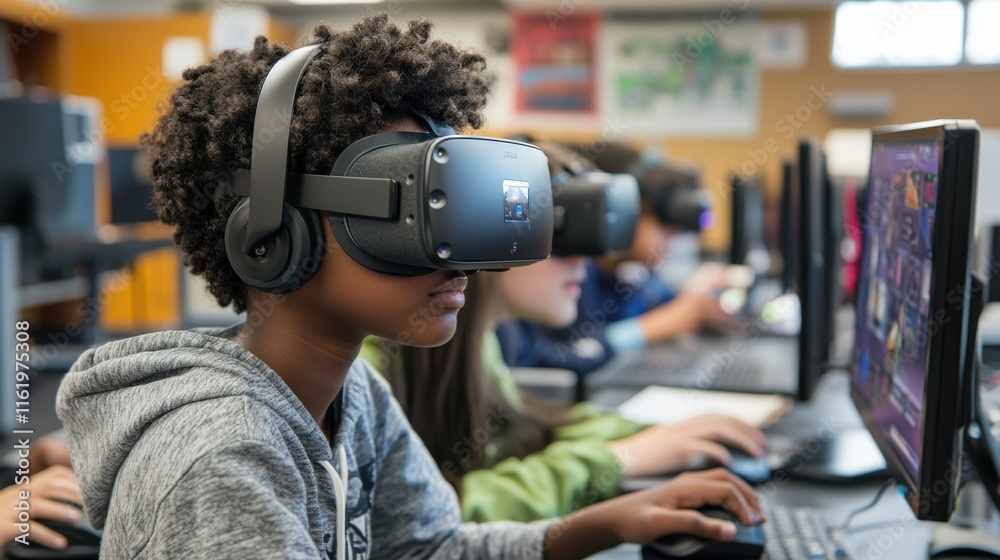A child using a virtual reality headset in a classroom setting, engaged with technology among peers at computer stations. A child using a virtual reality headset in a classroom setting, engaged with technology among peers at computer stations.