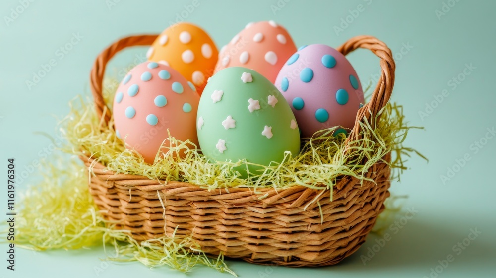 Colorful easter cookies in a woven basket surrounded by multicolored pastel easter eggs on a vibrant colored background, perfect for holiday celebration themes and spring festivities with copy space f Colorful easter cookies in a woven basket surrounded by multicolored pastel easter eggs on a vibrant colored background, perfect for holiday celebration themes and spring festivities with copy space f