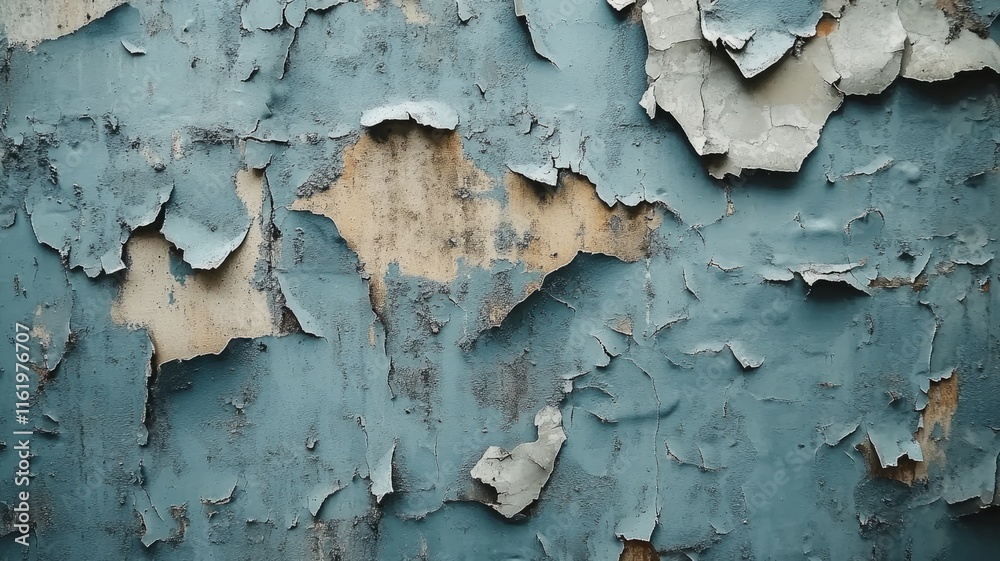 Obraz premium Peeling Blue Paint Reveals Underlying Layers Of Old Surface