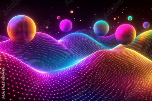 Vibrant Spheres Floating Above a Colorful Digital Landscape Filled With Waves of Light