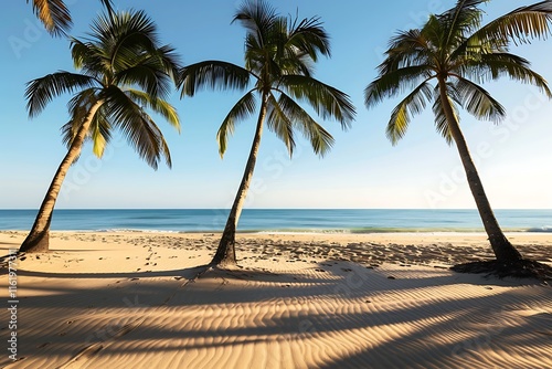 Three majestic palm trees stand on a pristine beach, their shadows cast on golden sand. The calm azure ocean stretches to the horizon under a clear blue sky. A perfect tropical getaway. photo