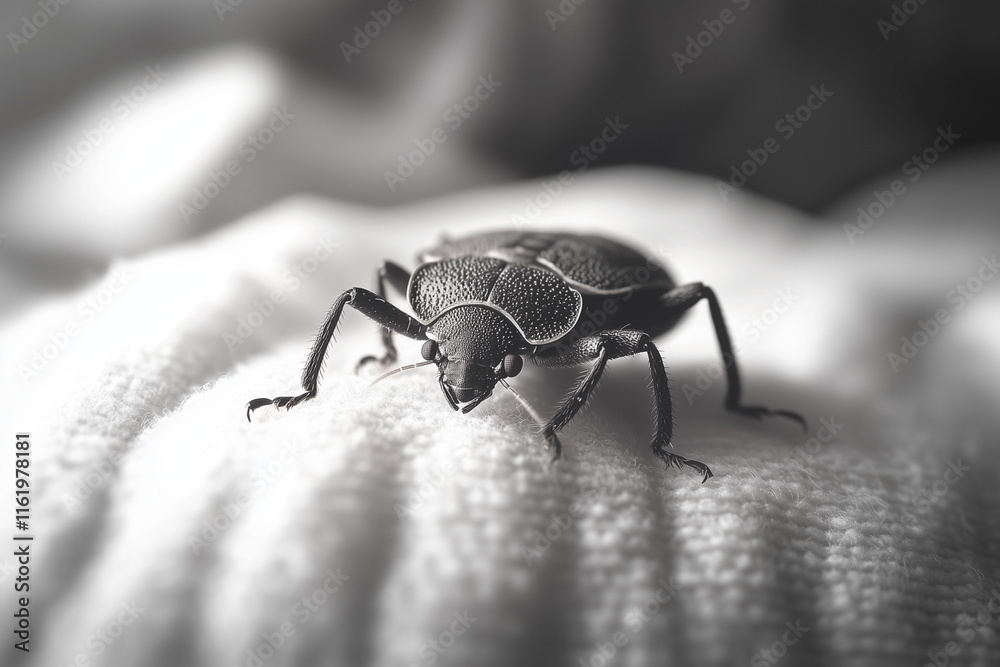 Close-up view of a beetle resting on a textured surface in monochrome tones during daytime Close-up view of a beetle resting on a textured surface in monochrome tones during daytime