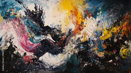 A turbulent mix of bold and vivid colors swirling and twisting in an abstract chaotic formation