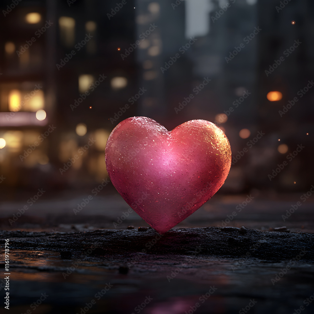 Obraz premium heart shaped crystal glowing softly in dimly lit urban environment, radiating warmth and love amidst surrounding darkness