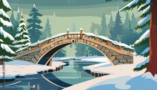 Winter landscape with a bridge over a frozen river. Vector illustration.