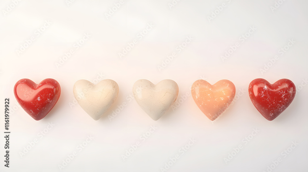 Hearts in various colors arranged in row, symbolizing love and affection. These decorative items evoke romantic atmosphere, perfect for Valentine Day or special occasions Hearts in various colors arranged in row, symbolizing love and affection. These decorative items evoke romantic atmosphere, perfect for Valentine Day or special occasions