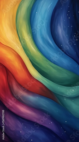 Vibrant abstract waves in rainbow colors blend seamlessly into a starry blue backdrop.