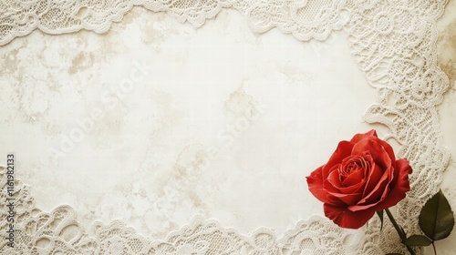 Elegant Vintage Background with Lace and Beautiful Red Rose