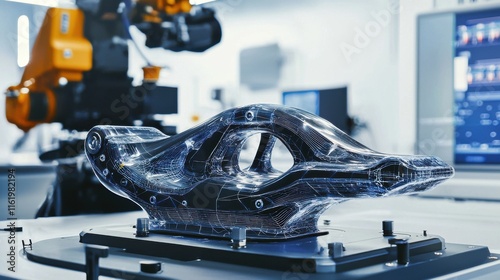 A futuristic robotic arm is positioned near a sleek, transparent prototype part on a workbench in a high-tech manufacturing setting.