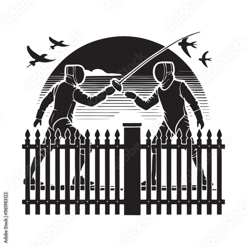 Fencing Silhouette Vector Illustration, Solid White Background.
