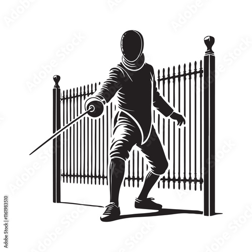 Fencing Silhouette Vector Illustration, Solid White Background.