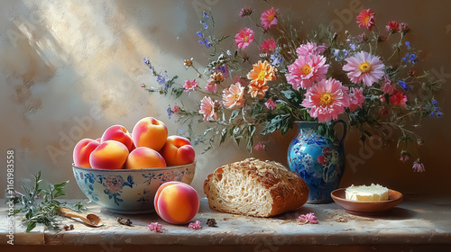 Charming still life featuring peaches, rustic bread, and vibrant wildflowers ideal for home decor, kitchen wall art, and seasonal decoration.