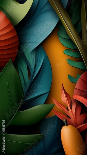 A vibrant arrangement of tropical leaves and foliage in shades of green, red, and orange, creating a lively natural composition.