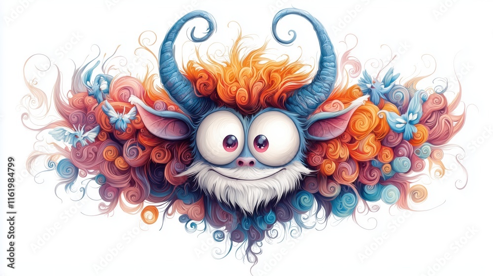 Fototapeta premium Whimsical Monster & Creatures with Swirling Wing Patterns - Thick Outline Art