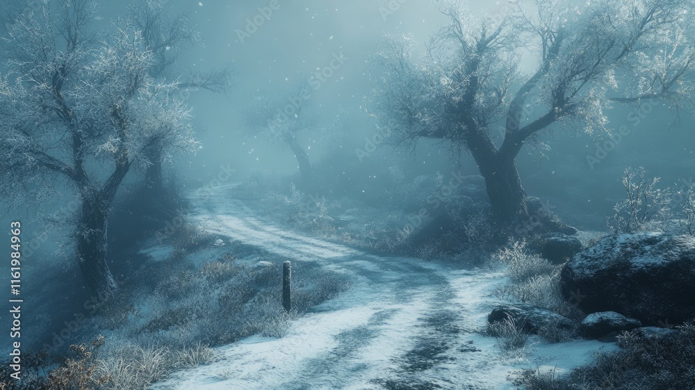 Naklejka premium Snowy Path Winding Through a Misty Winter Forest