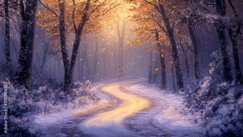 A winding path through a snowy autumn forest