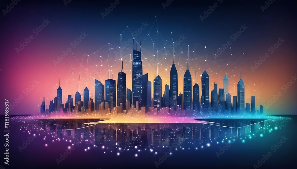 Futuristic Cityscape at Night Illuminated by Network Connections Futuristic Cityscape at Night Illuminated by Network Connections
