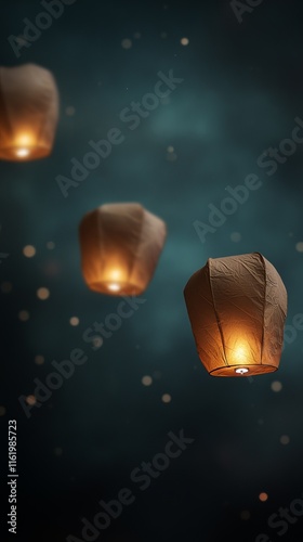 Beautiful floating lanterns illuminated against a dark, serene background, creating a magical atmosphere.