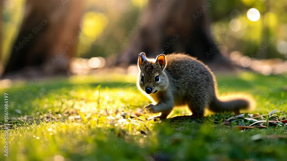 A small, furry animal forages on the grass under warm sunlight in a natural setting. A small, furry animal forages on the grass under warm sunlight in a natural setting.