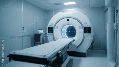 A modern MRI machine in a clean, well-lit room, ready for medical imaging procedures.